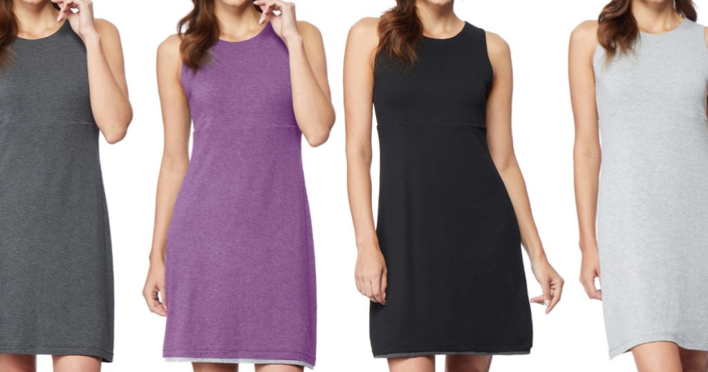 woman in black dress, woman in purple dress, woman in light gray dress, woman in dark gray dress
