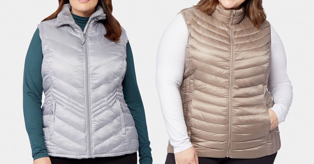 woman wearing silver puffer vest and woman wearing gold puffer vest