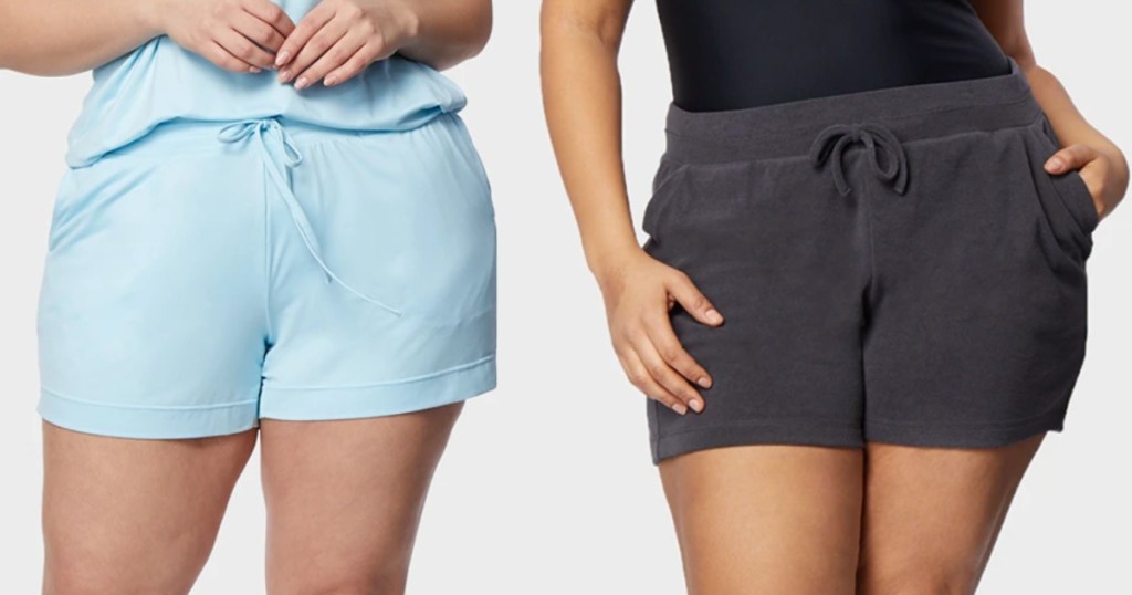 two women standing next to each other wearing comfy pull on shorts