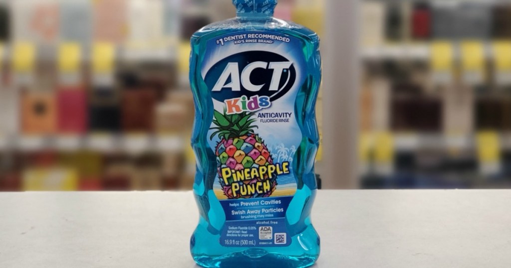 bottle of kids mouthwash on counter