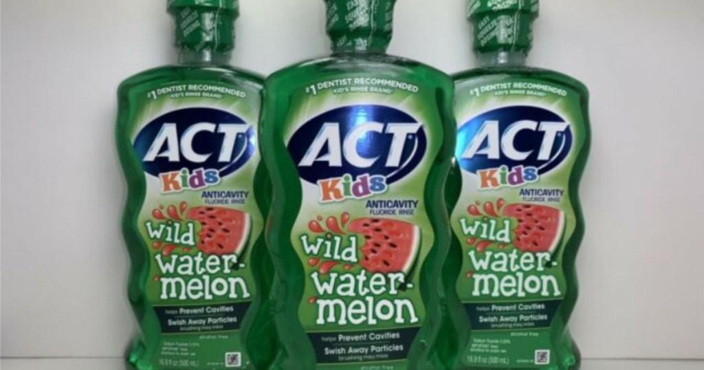 3 ACT kids mouthwash on counter