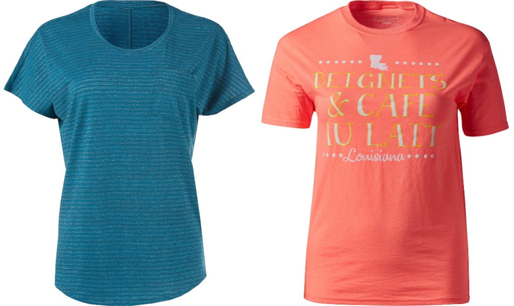 two womens shirts from academy sports, one teal and one orange with Louisiana saying 