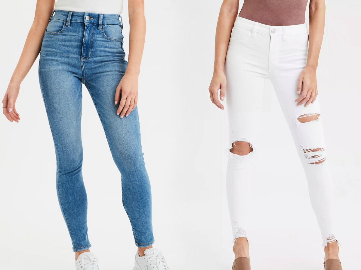 Two women wearing two different colors of women's jeans