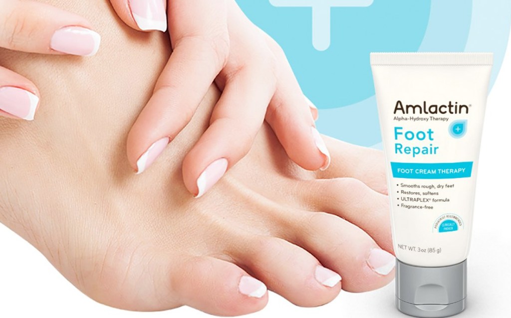 womans foot with bottle of amlactin foot cream next to it
