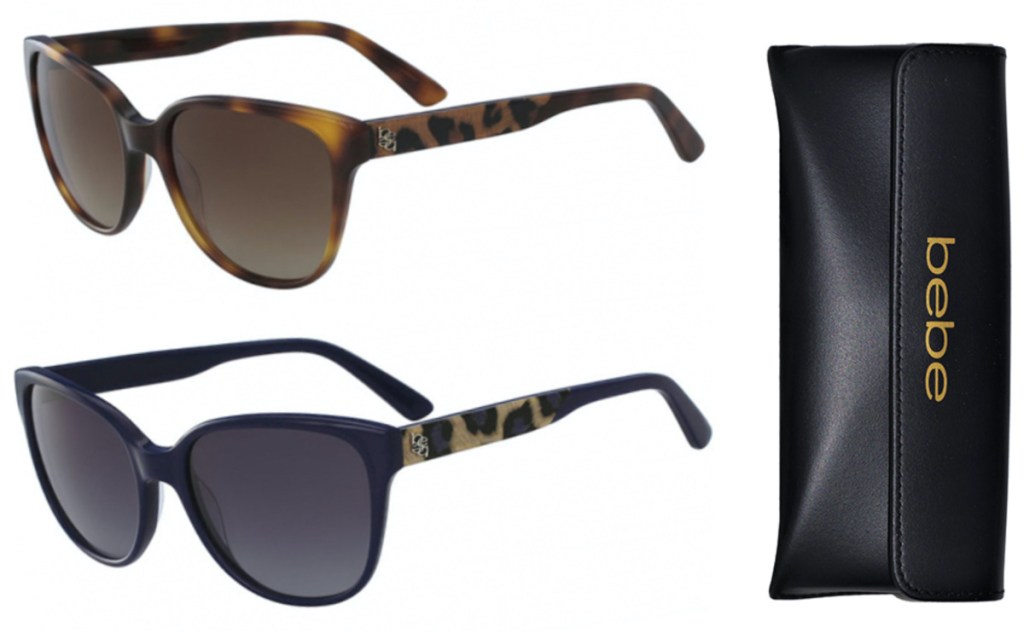 navy animal print sunglasses, brown animal print sunglasses, and black case