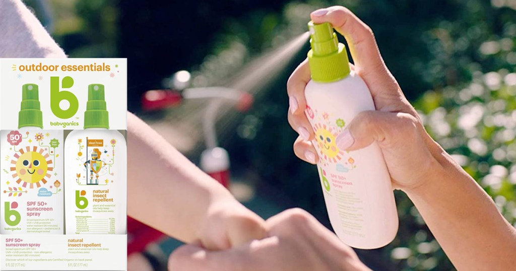 woman sprays spray-on sunscreen onto child's arm