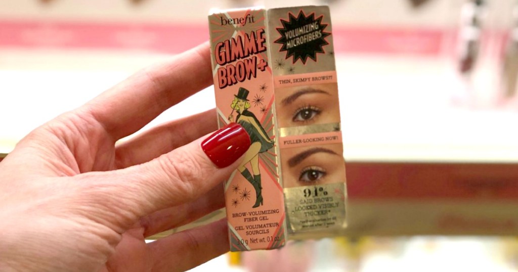 hand holding Benefit Cosmetics gimme brow box