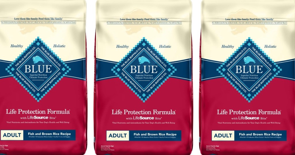 three bags of Blue Buffalo Dog Food