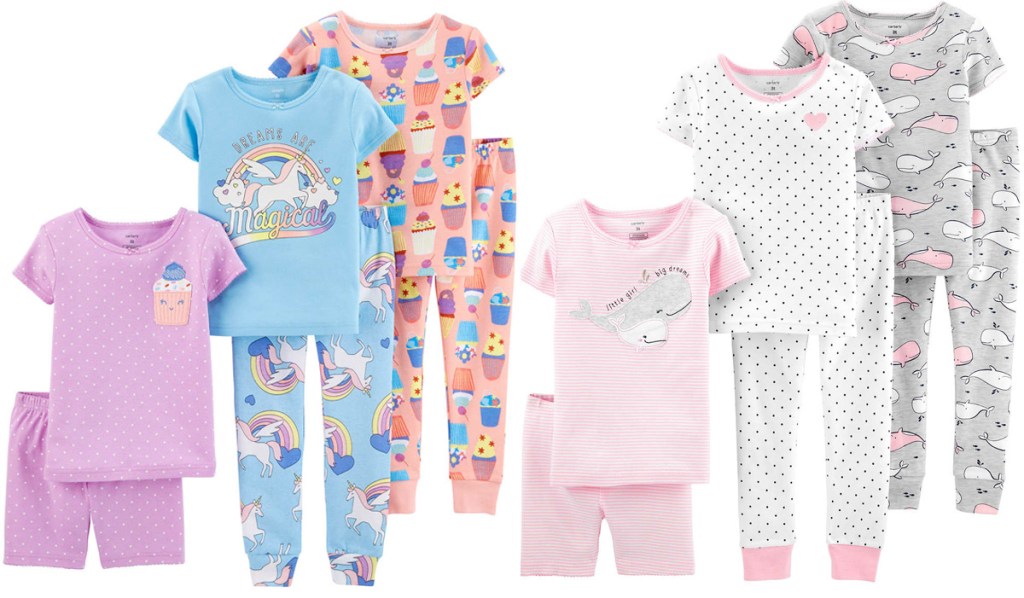 sets of toddler girls pajama sets with unicorns, cupcakes, and whales print