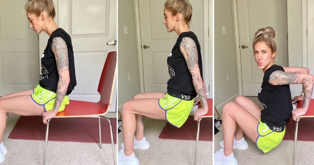 Woman demonstrating chair tricep dips at home