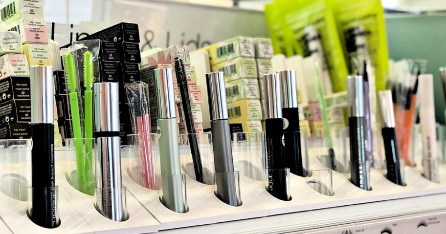 store display shelf of various clinique brand mascaras
