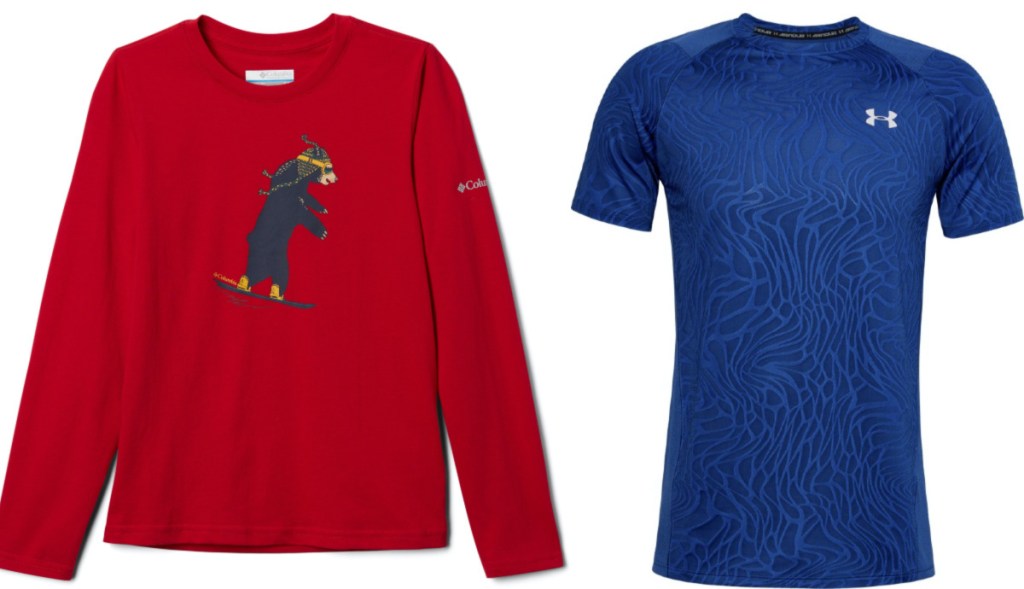 boys red long-sleeve graphic bear shirt and blue men's workout top
