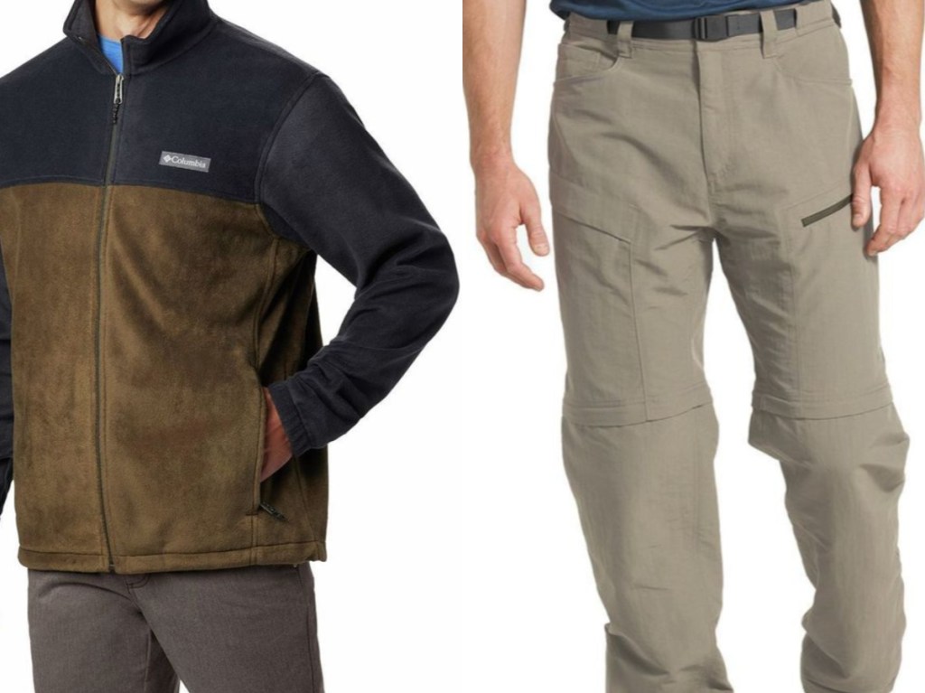 man in green and gray fleece jacket and man in beige hiking pants