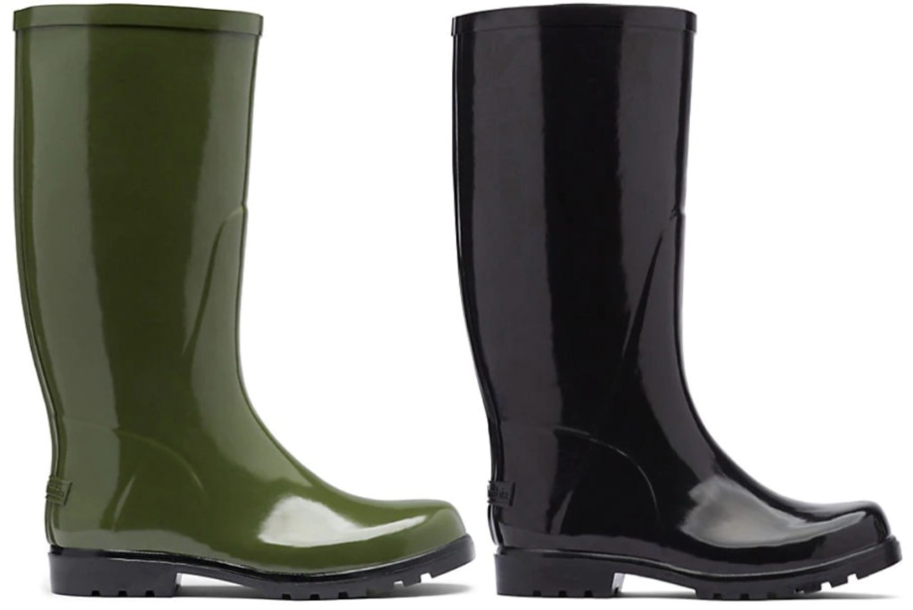 olive colored and black colored columbia womens rain boots