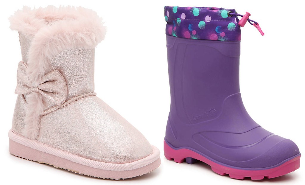 light pink girls boot with pink bow and purple girls rubber rain boot