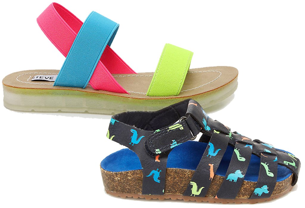 neon pink blue and green strapped girls sandals and boys black sandals with dinosaurs printed on them
