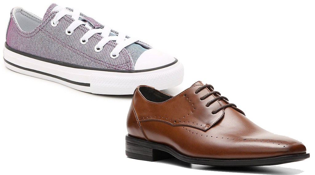 grey and purple kids converse sneaker with white rubber toe and brown leather lace up oxford shoe