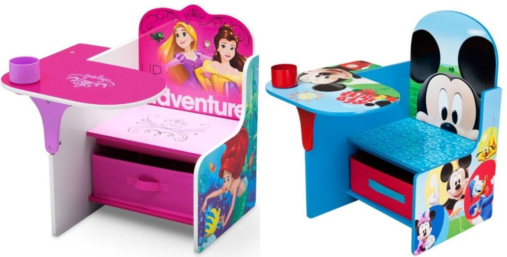 two wooden chair desks featuring popular childrens cartoon characters