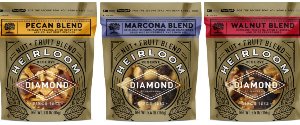 three bags of fruit and nut mixes in various flavors