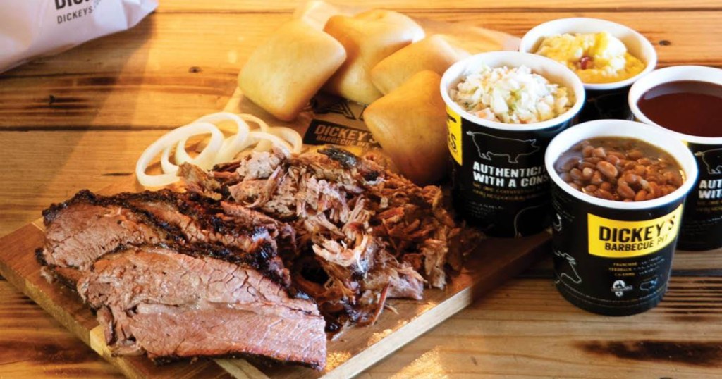 dickey's family pack meal 1lb of pulled pork, 1lb of brisket, barbecue beans, cabbage slaw, potato salad, 6 rolls, barbecue sauce, pickles and onions.