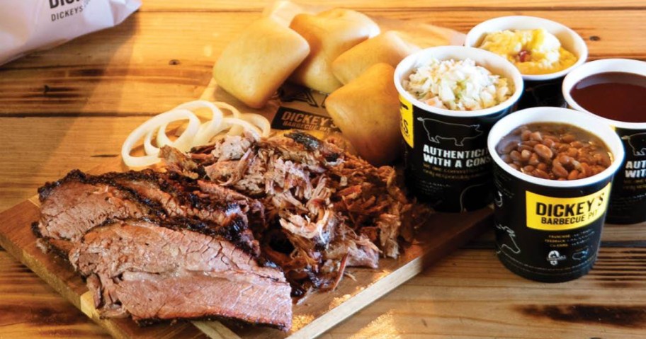dickey's family pack meal 1lb of pulled pork, 1lb of brisket, barbecue beans, cabbage slaw, potato salad, 6 rolls, barbecue sauce, pickles and onions.