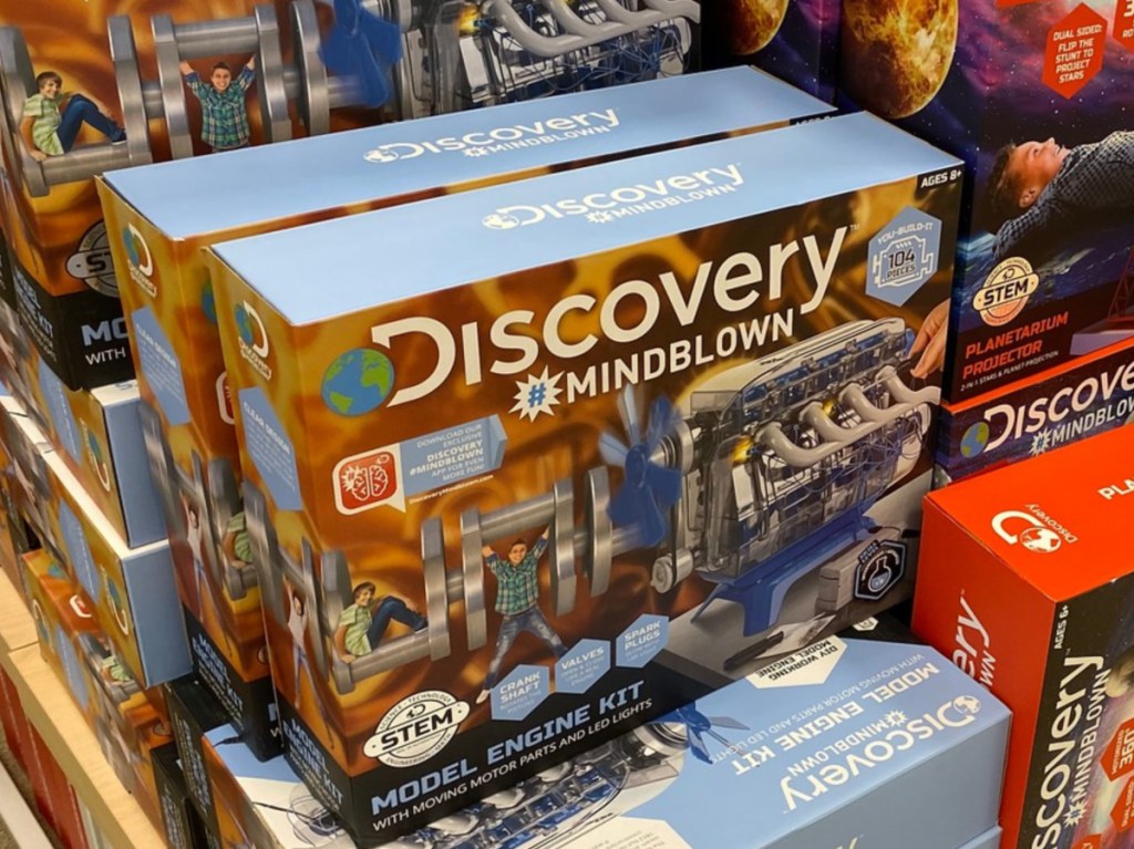 STEM toy sets stacked on store floor