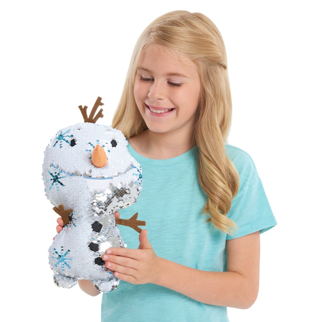 girl holding Disney Frozen 2 Reversible Sequins Large Plush Olaf