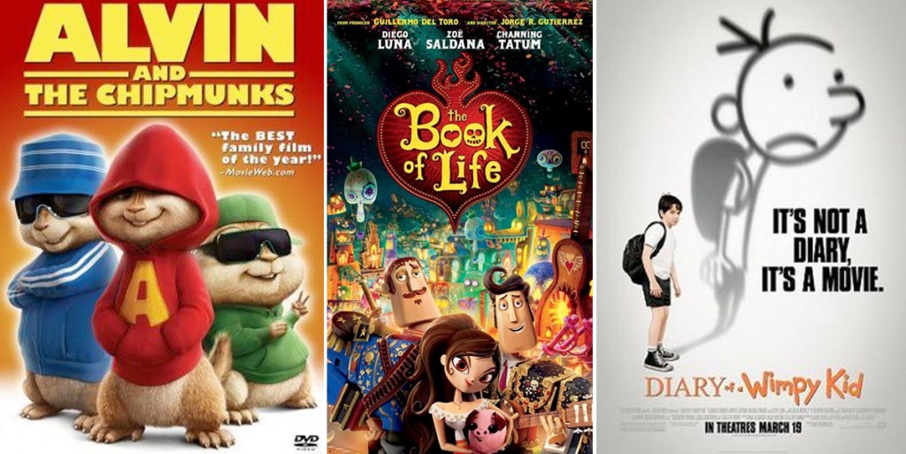 movie posters for alvin and the chipmunks, book of life, and diary of a wimpy kid movies