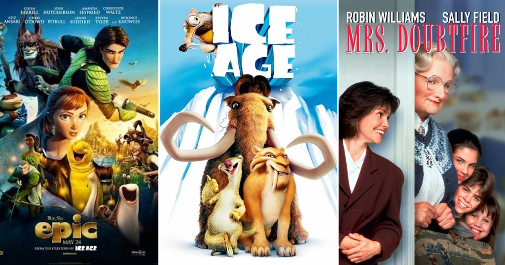 movie posters for epic, ice age, and mrs doubtfire movies