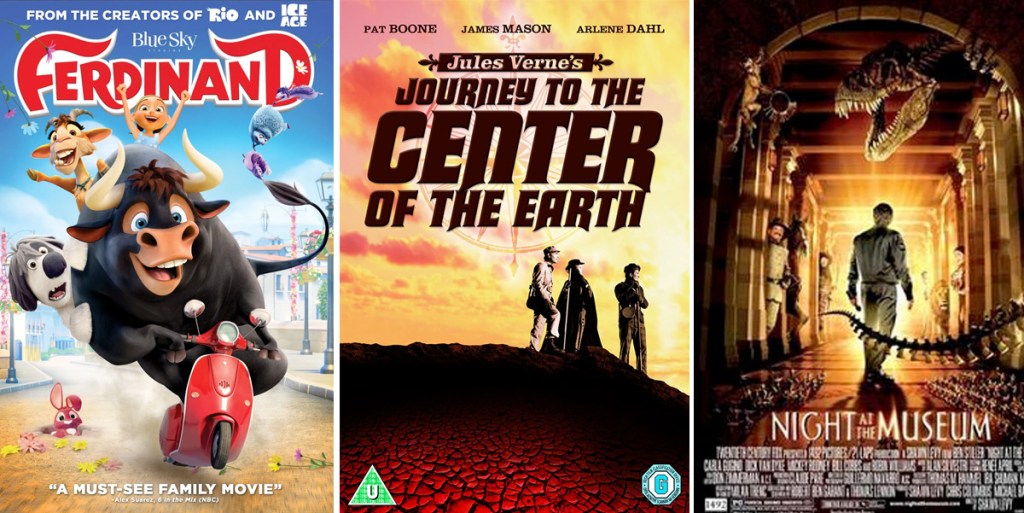 disney movie posters for ferdinard, journey to the center of the earth, and night at the museum