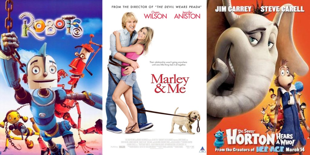 movie posters for robots, marley & me, and horton hears a who movies