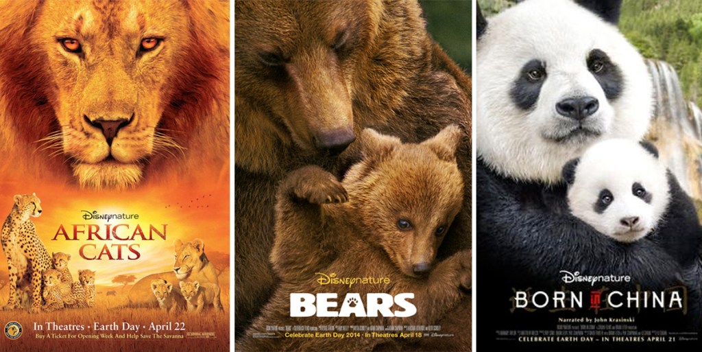movie posters for disney's african cats, bears, and born in china movies