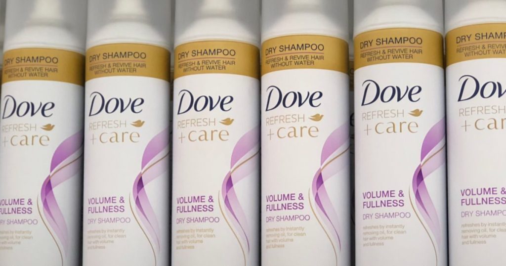 shelf with dove refresh care dry shampoo
