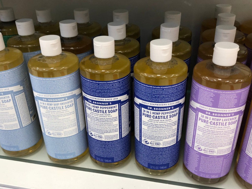 bottles of castile soap on store shelf