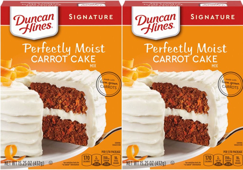two boxes of Duncan Hines Carrot Cake
