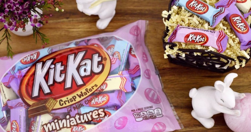 Bag of Easter themed Kit Kats surrounded by Easter decor