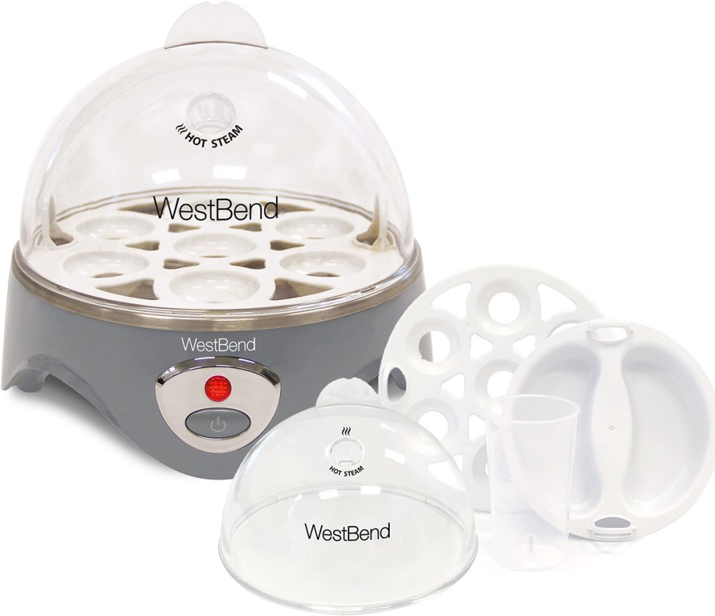 west bend brand egg cooker with grey base and plastic accessories