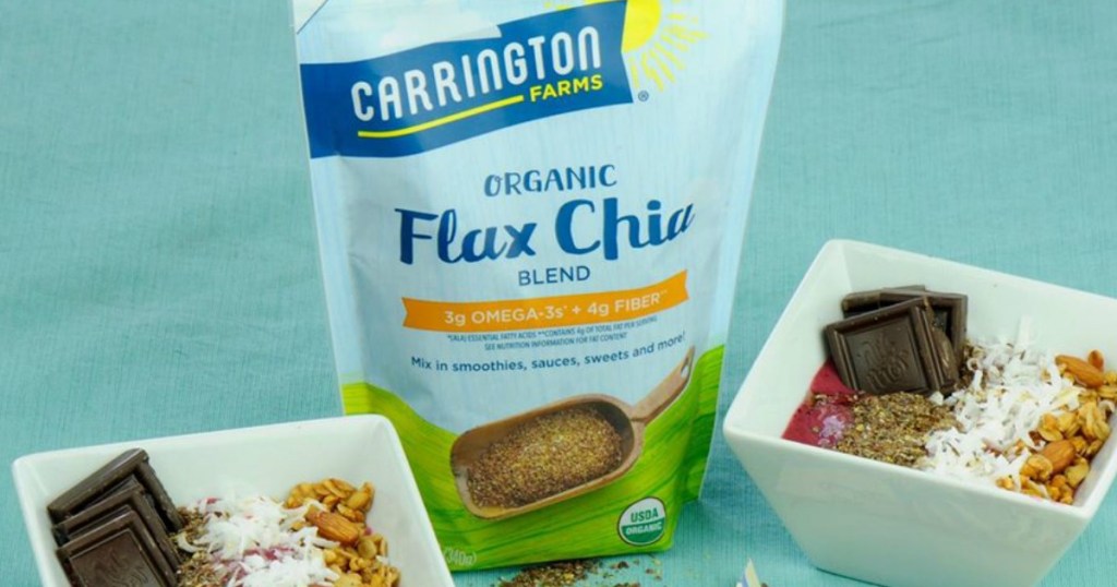 bag of flax chia blend next to bowls of food