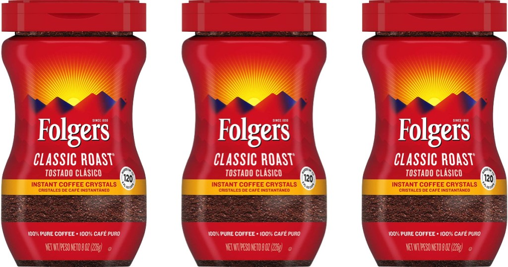 three containers of Folgers Instant Coffee Crystals