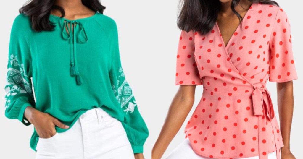 woman wearing green embroidered top and woman wearing bright polka dot top