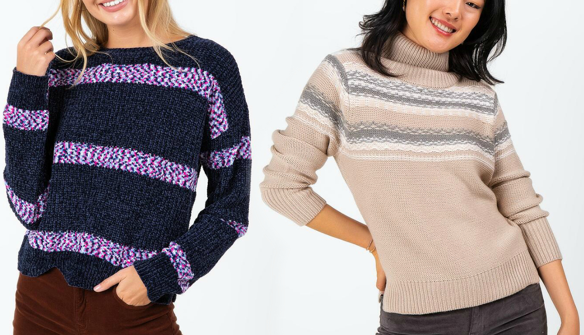 Two women wearing different styles of sweaters