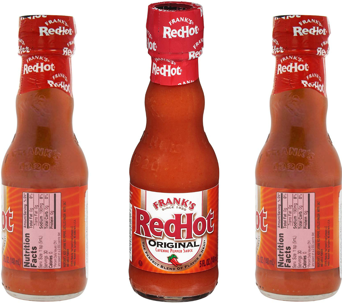 Three bottles of hot sauce front and side view