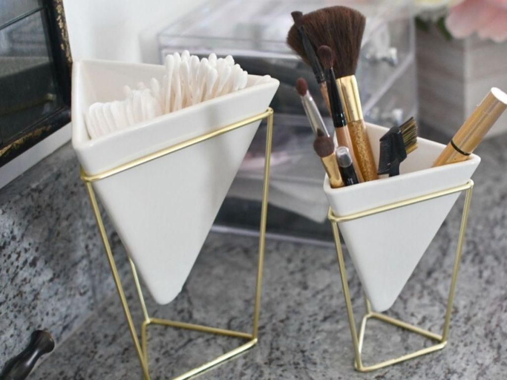 Geometric Holders with qtips and makeup brushes inside