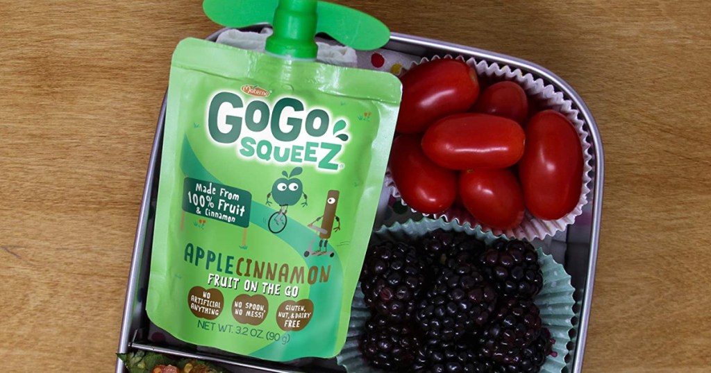 gogo squeeze apple cinnamon being put into lunchbox with berries and tomatoes