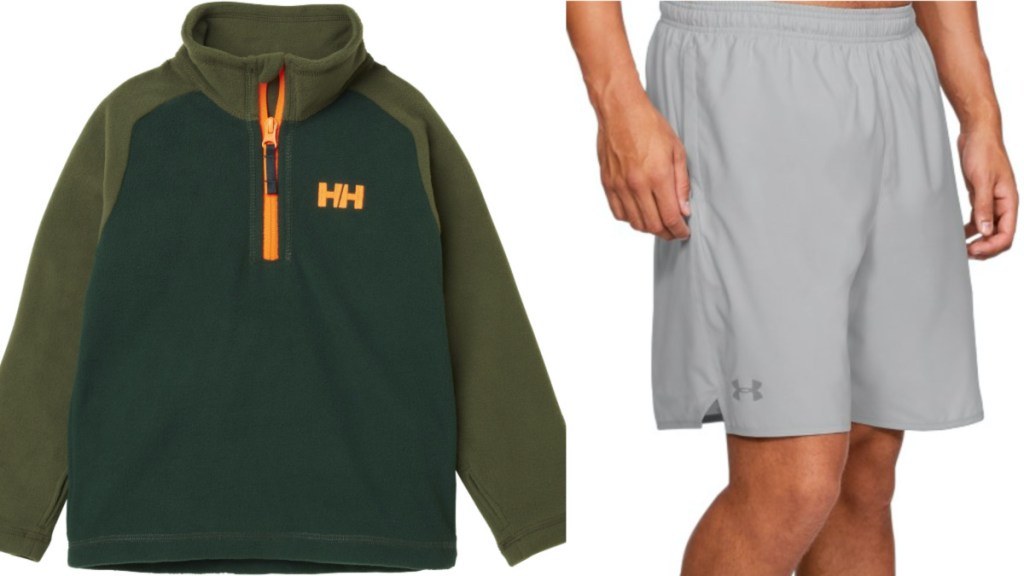 kids green pullover sweater and man in grey shorts
