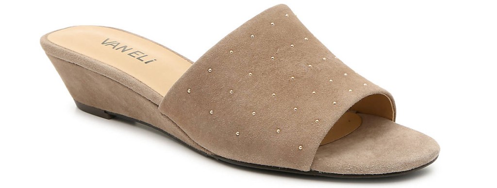 taupe colored wedge sandal with studs on top