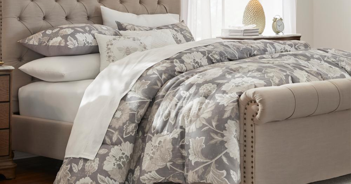 gray and tan bedding