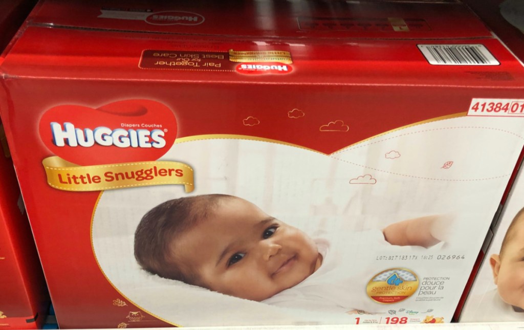 large box of size 1 diapers on store shelf