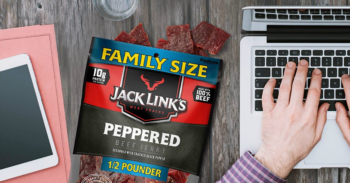 Jack Link's beef jerky bag next to a laptop