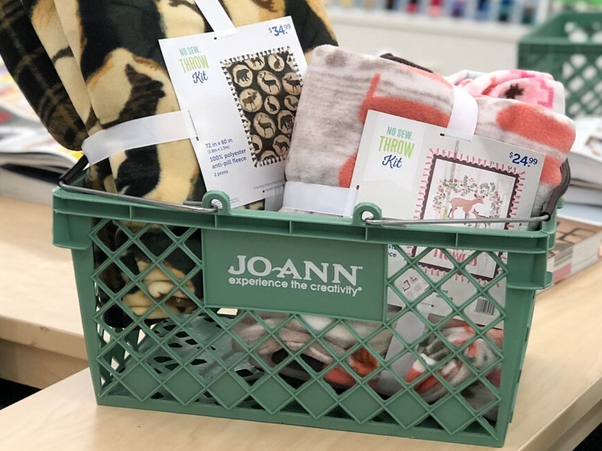 Basket at Joann fabric store filled with blankets